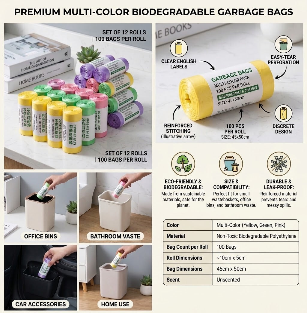 multi-color disposable trash bag rolls typically used as bin liners for small wastebaskets