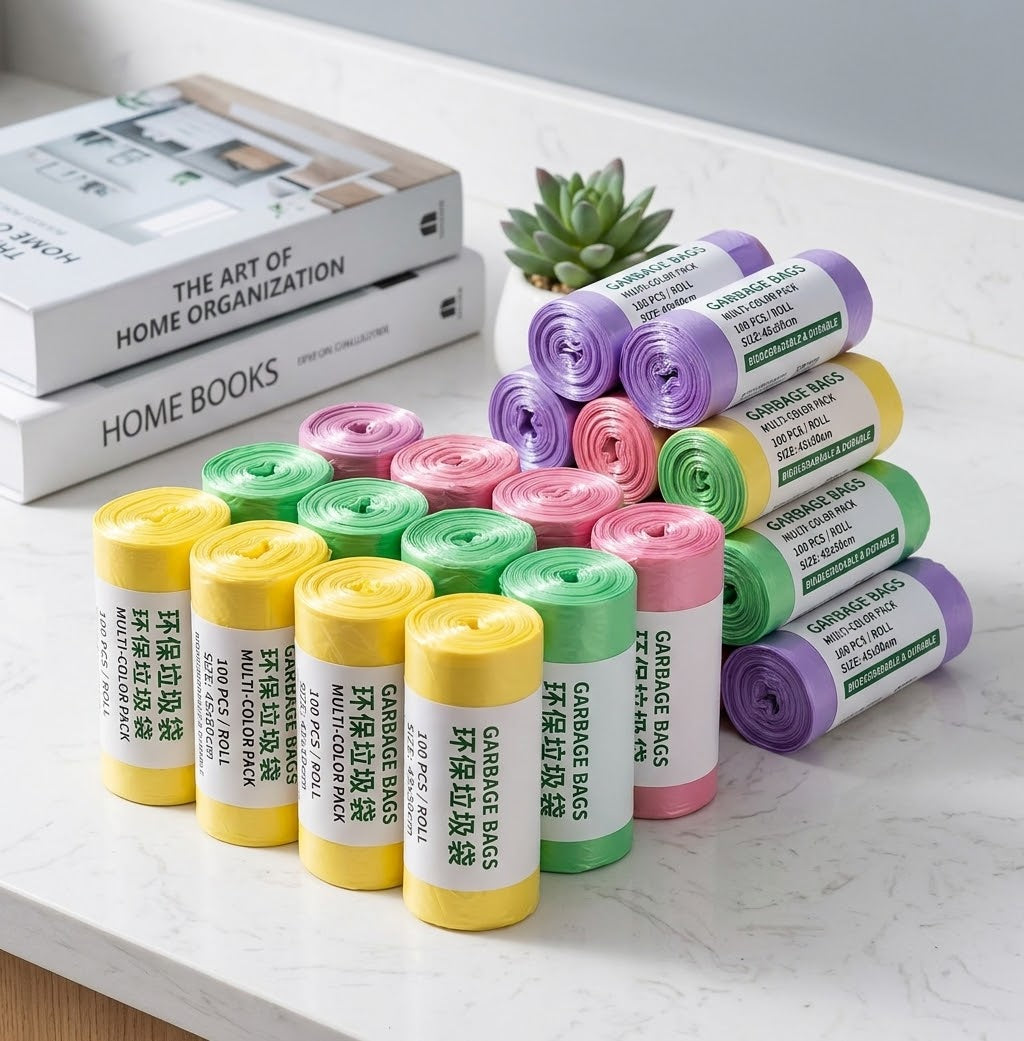 multi-color disposable trash bag rolls typically used as bin liners for small wastebaskets